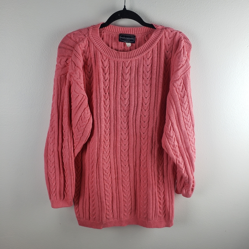Women's Vintage Mademoiselle Pink Heavy Cable Knit Long Tunic Pullover Sweater L